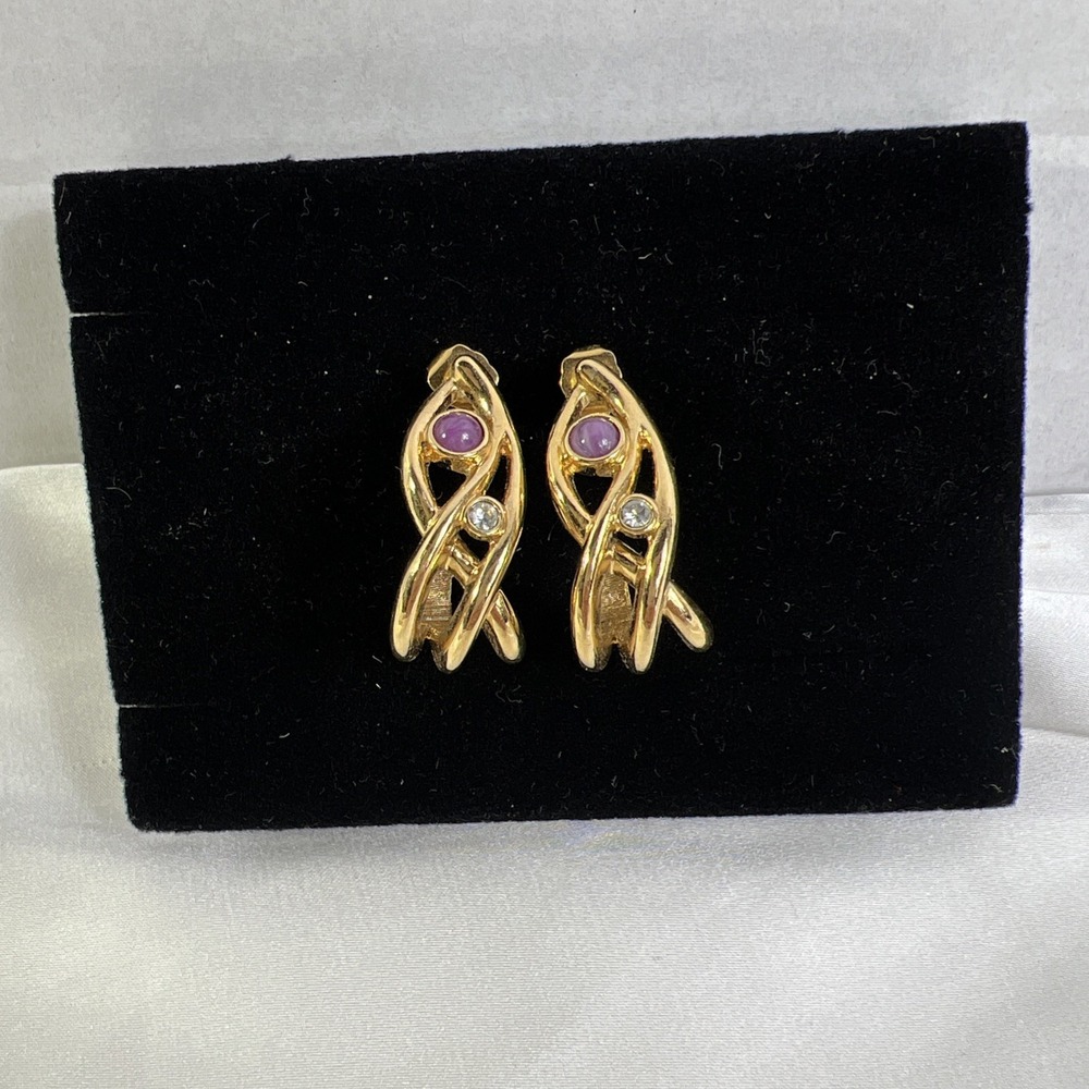 Vintage‎ AVON 1980s Purple Stone Rhinestone Semi Hoop Goldtone Pierced Earrings